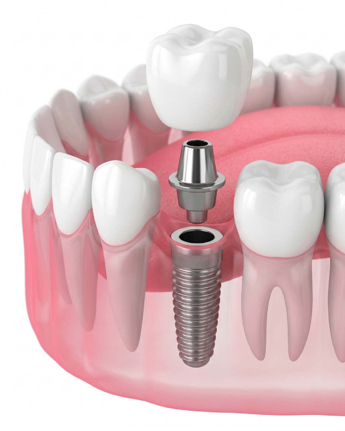 3D illustration of a dental implant being placed between natural teeth at iCare Dental IOI City Mall Putrajaya