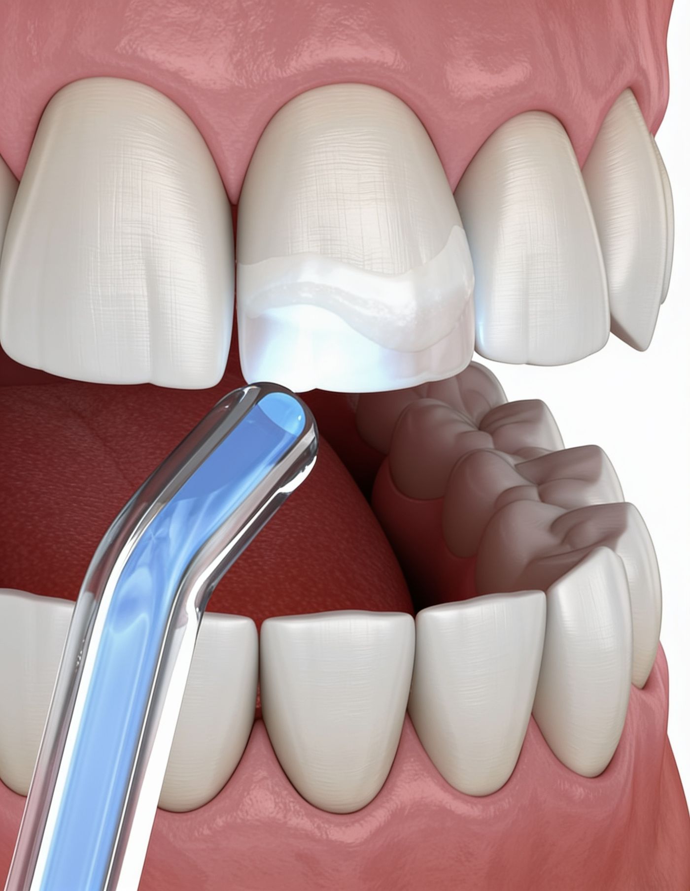 3D illustration of composite resin being light-cured onto a front tooth during bonding at iCare Dental IOI City Mall Putrajaya