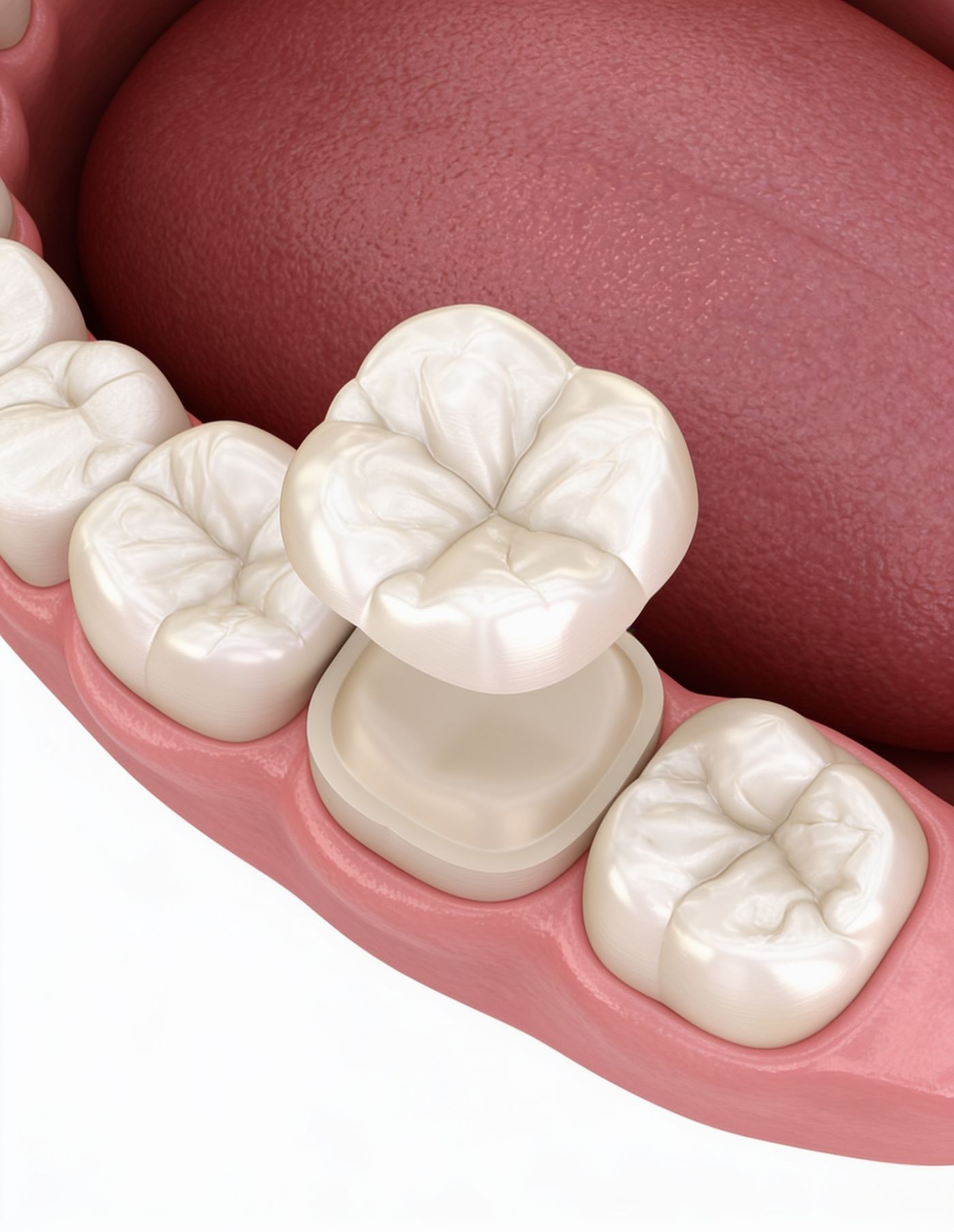 3D illustration of a natural-looking dental crown being placed onto a prepared tooth at iCare Dental IOI City Mall Putrajaya