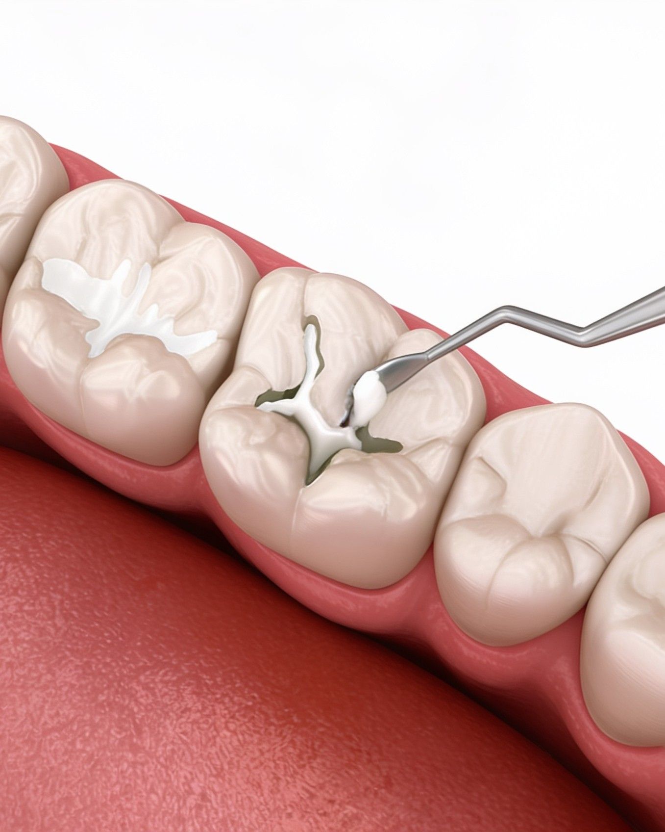 3D illustration of a tooth-coloured composite filling being placed into a cavity at iCare Dental IOI City Mall Putrajaya
