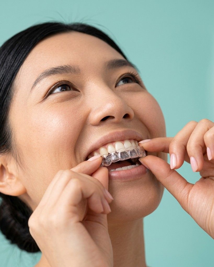 Patient fitting a clear Invisalign aligner over her upper teeth at iCare Dental IOI City Mall Putrajaya