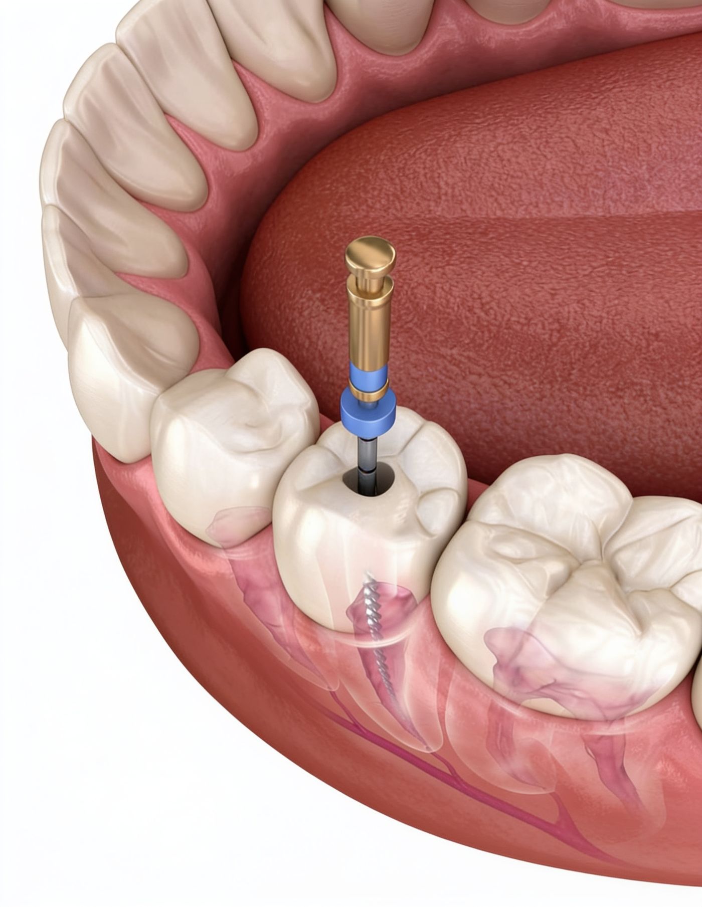 3D illustration showing the inside of a molar's root canals during treatment at iCare Dental IOI City Mall Putrajaya